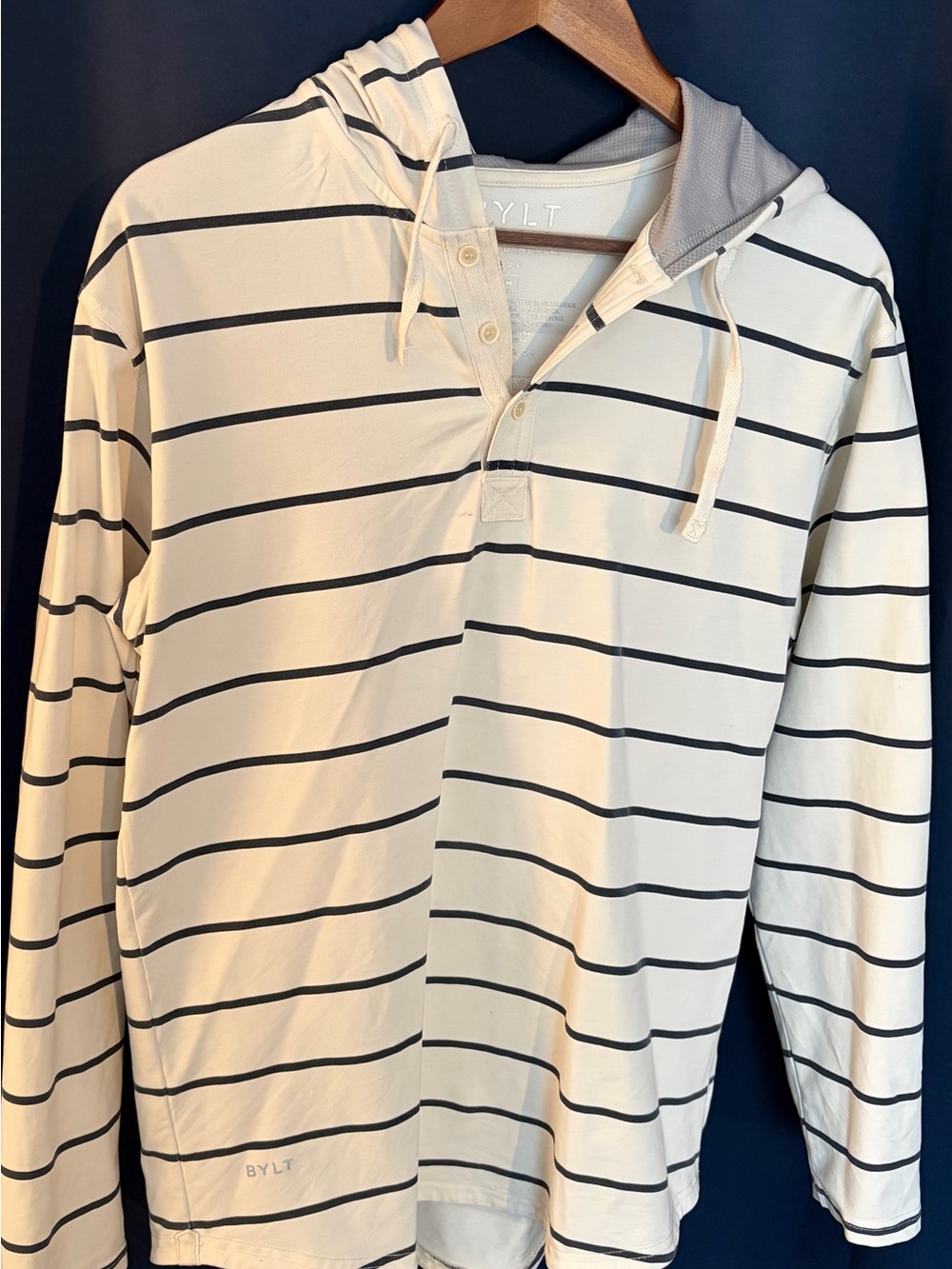 BYLT Men's Drop Cut Hooded Henley White & Blue Size Medium